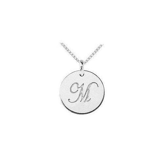 14K White Gold Plain Letter M Script Disc Initial Pendant