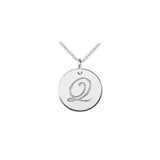 14K White Gold Plain Letter Q Script Disc Initial Pendant