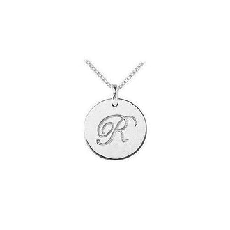 14K White Gold Plain Letter R Script Disc Initial Pendant