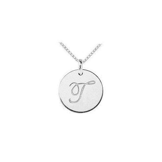 14K White Gold Plain Letter T Script Disc Initial Pendant