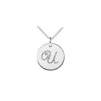 14K White Gold Plain Letter U Script Disc Initial Pendant