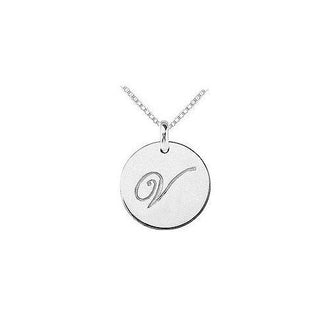 14K White Gold Plain Letter V Script Disc Initial Pendant