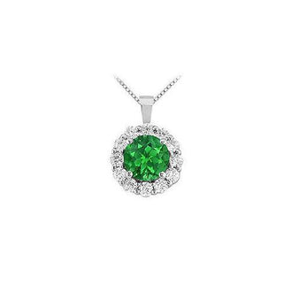 Emerald and Diamond Circle Pendant : 14K White Gold - 1.50 CT TGW