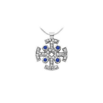 Sapphire and Diamond Cross Pendant : 14K White Gold - 1.50 CT TGW