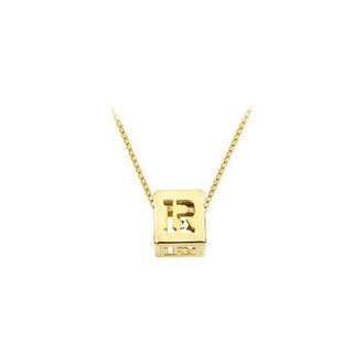 14K Yellow  Alphabet  "R"  Semi-Polished Block Initial Chain Slide Pendant with Outside Diameter