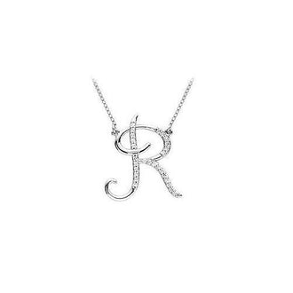 Diamond Letter R Script Initial Pendant : 14K White Gold - 0.15 CT Diamonds