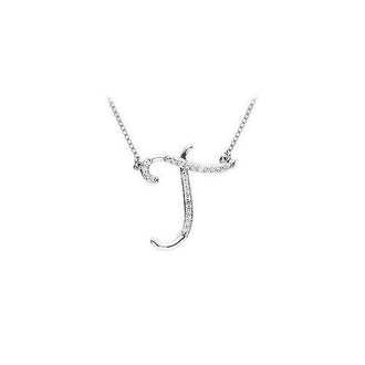 Diamond Letter T Script Initial Pendant : 14K White Gold - 0.15 CT Diamonds