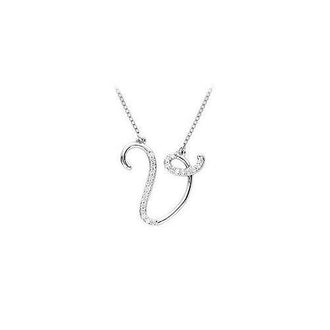 Diamond Letter V Script Initial Pendant : 14K White Gold - 0.15 CT Diamonds