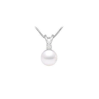 Cultured Akoya Pearl and Diamond Pendant : 14K White Gold - 0.02 CT Diamond