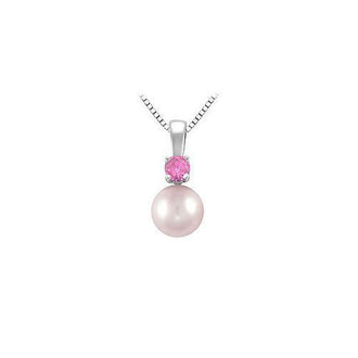 Cultured Akoya Pearl and Pink Sapphire Pendant : 14K White Gold - 0.10 CT TGW