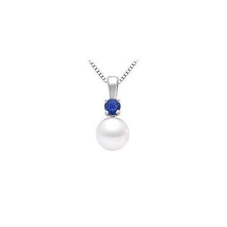 Cultured Akoya Pearl and Sapphire Pendant : 14K White Gold - 0.10 CT TGW