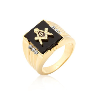 Goldtone Onyx Masonic Ring with CZ Accents