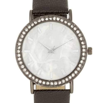 Black Leather Watch With Crystals