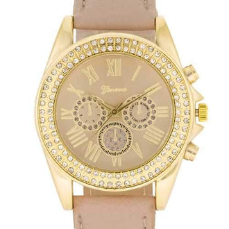 Taupe Leather Watch With Crystals