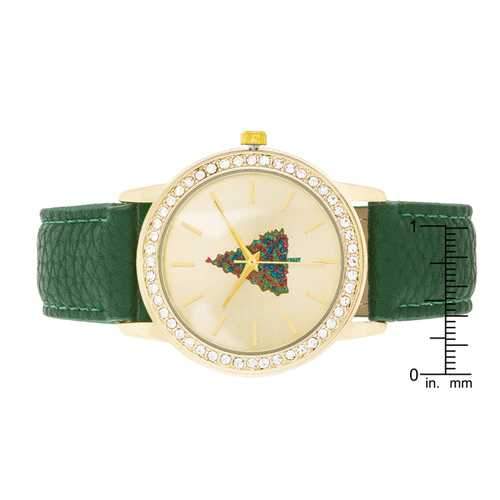 Gold Christmas Crystal Tree Watch With Green Leather Strap