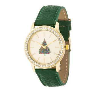 Gold Christmas Crystal Tree Watch With Green Leather Strap