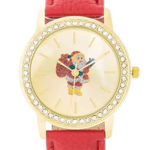 Gold Santa Crystal Watch With Red Leather Strap