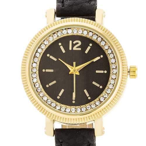 Georgia Gold Crystal Watch With Black Leather Strap