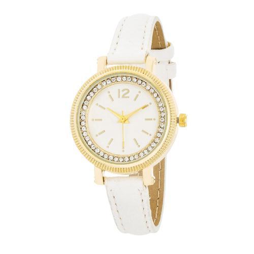 Georgia Gold Crystal Watch With White Leather Strap