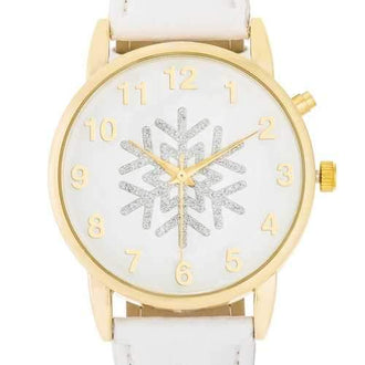 Gold Holiday Tune Watch With White Leather Strap