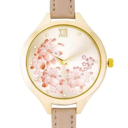 Gold Skinny Beige Leather Floral Watch