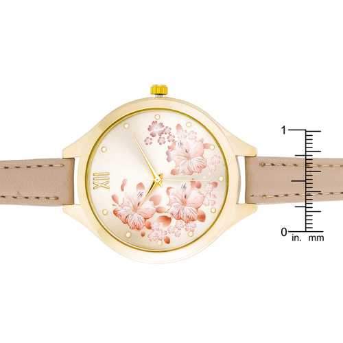 Gold Skinny Beige Leather Floral Watch