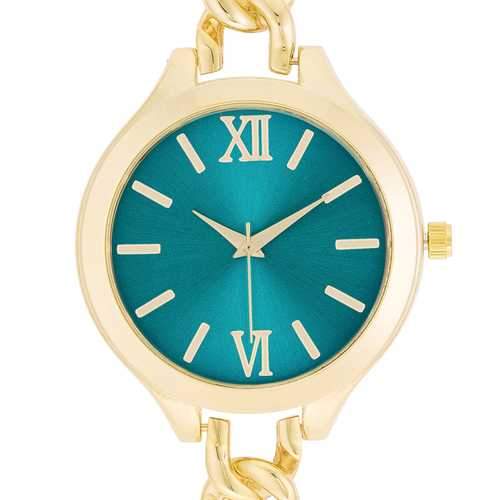 Gold Link Watch With Turqoise Dial