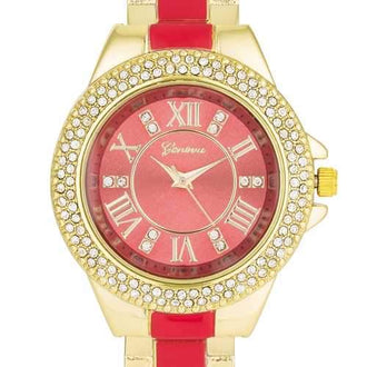 Gold Metal Cuff Watch With Crystals - Coral