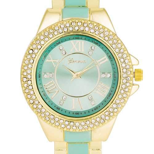 Gold Metal Cuff Watch With Crystals - Mint