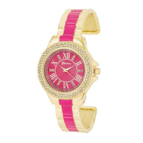 Gold Metal Cuff Watch With Crystals - Pink