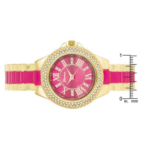 Gold Metal Cuff Watch With Crystals - Pink