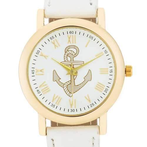 Natalie Gold Nautical Watch With White Leather Band
