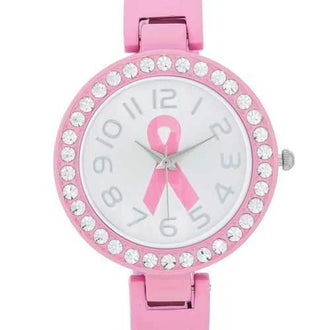 Breast Cancer Awareness Cuff Watch With Crystals