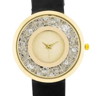 Gold Black Leather Watch With Crystals