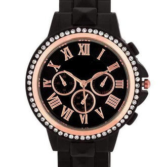Ava Rose Goldtone Black Metal Watch With Crystals