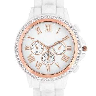 Ava Rose Goldtone White Metal Watch With Crystals